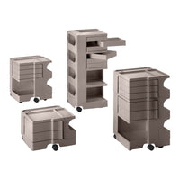 "Gray storage carts in various sizes and patterns with smooth surfaces and rounded edges."