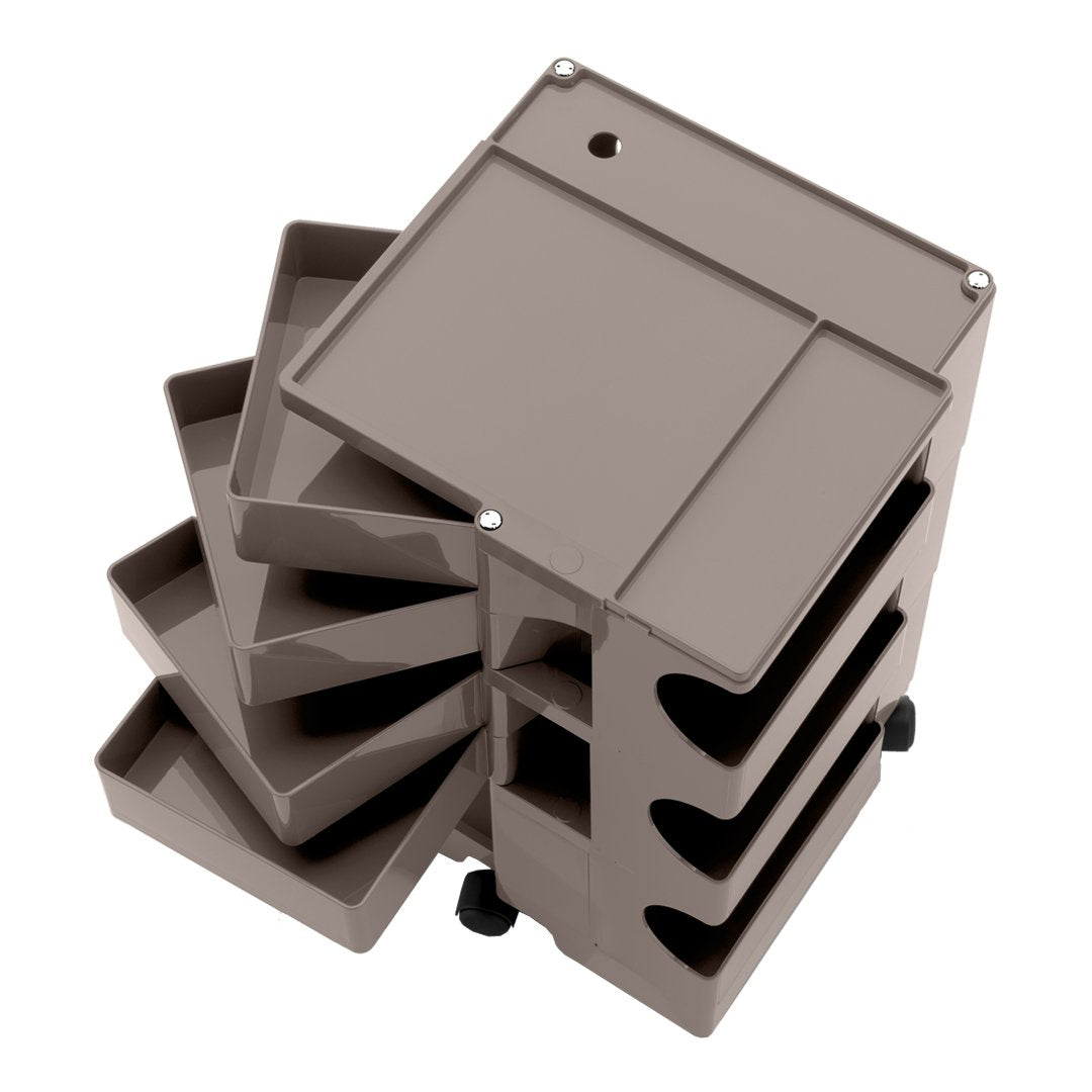 Stackable storage organizer in a sleek taupe color with smooth surfaces and minimalistic design.