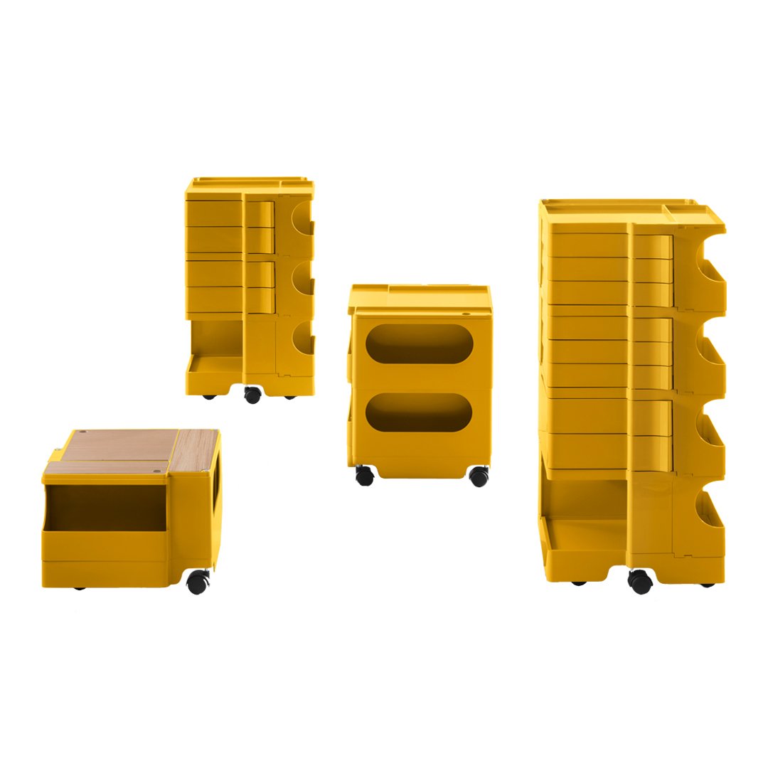 Yellow storage carts with minimalist design and wooden accents, featuring smooth surfaces and functional patterns.