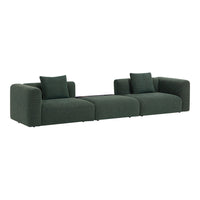 Green modular sofa with textured fabric and minimalist design, featuring matching cushions for added comfort.