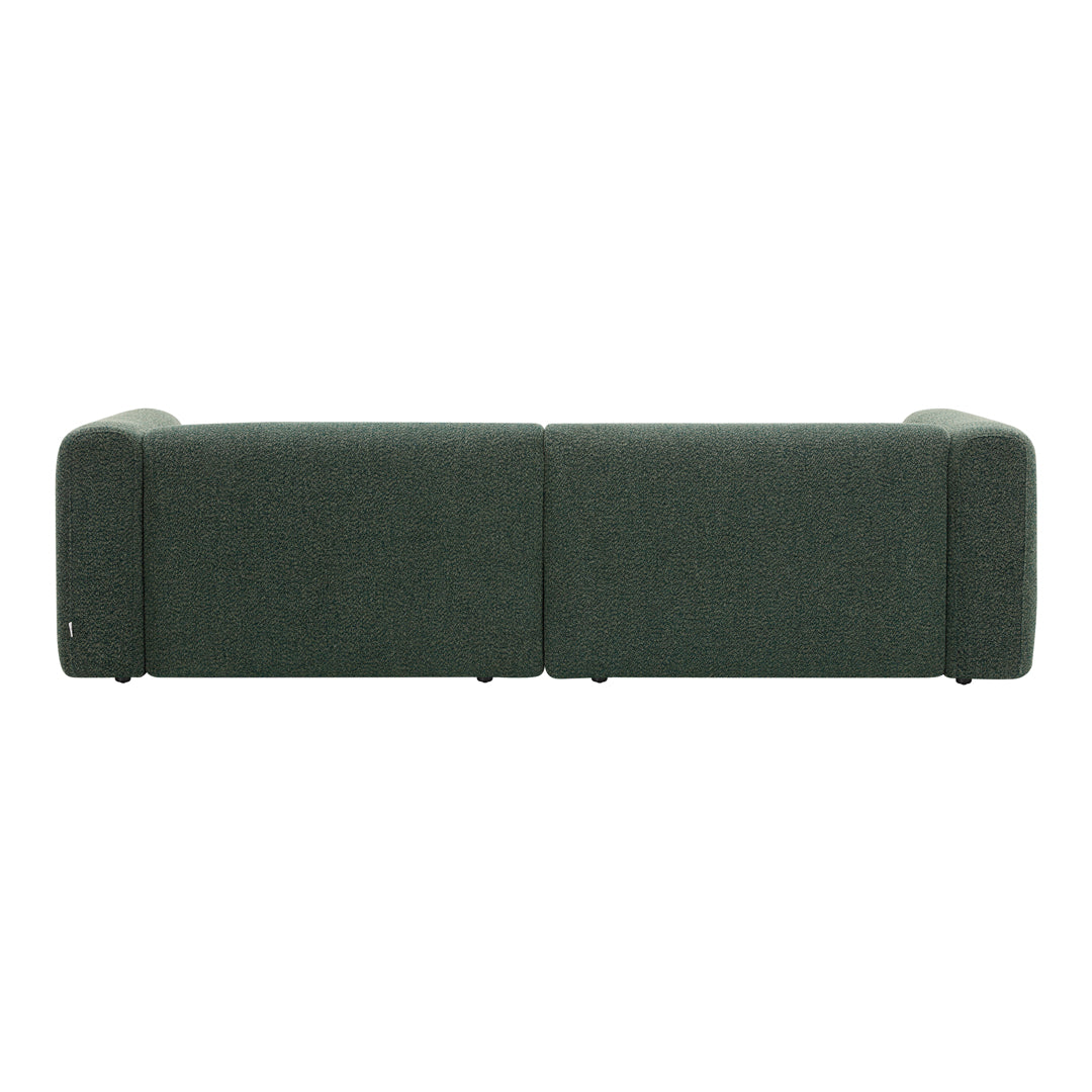 "Stylish green fabric sofa with a modern, minimalist design and a smooth, solid texture."