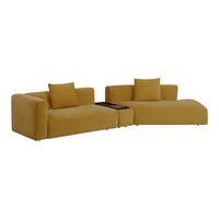 "Modern mustard yellow sectional sofa with smooth fabric and matching cushions, featuring a sleek contemporary design."