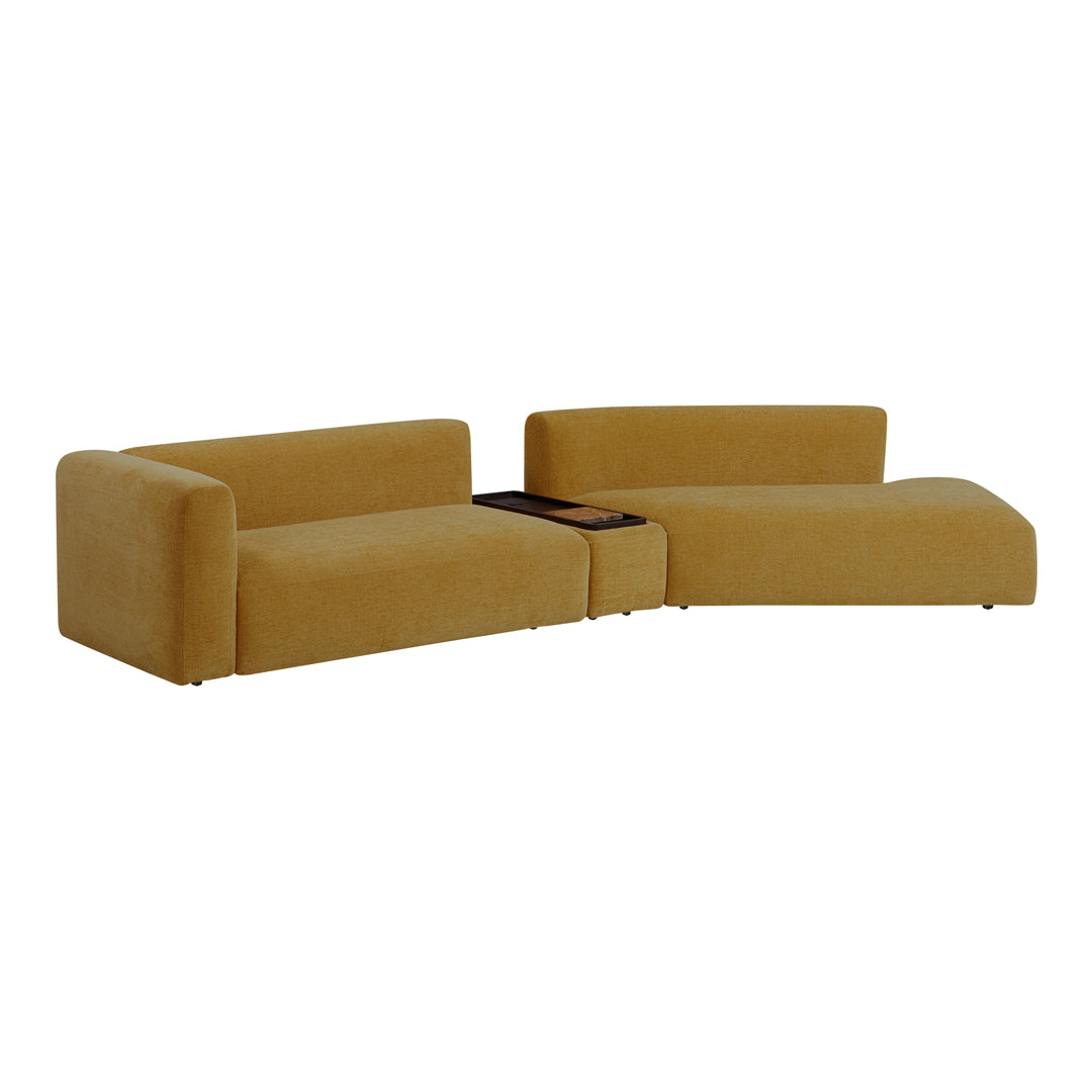 "Modern mustard yellow sectional sofa with clean lines and minimalistic design, featuring a soft textured fabric."