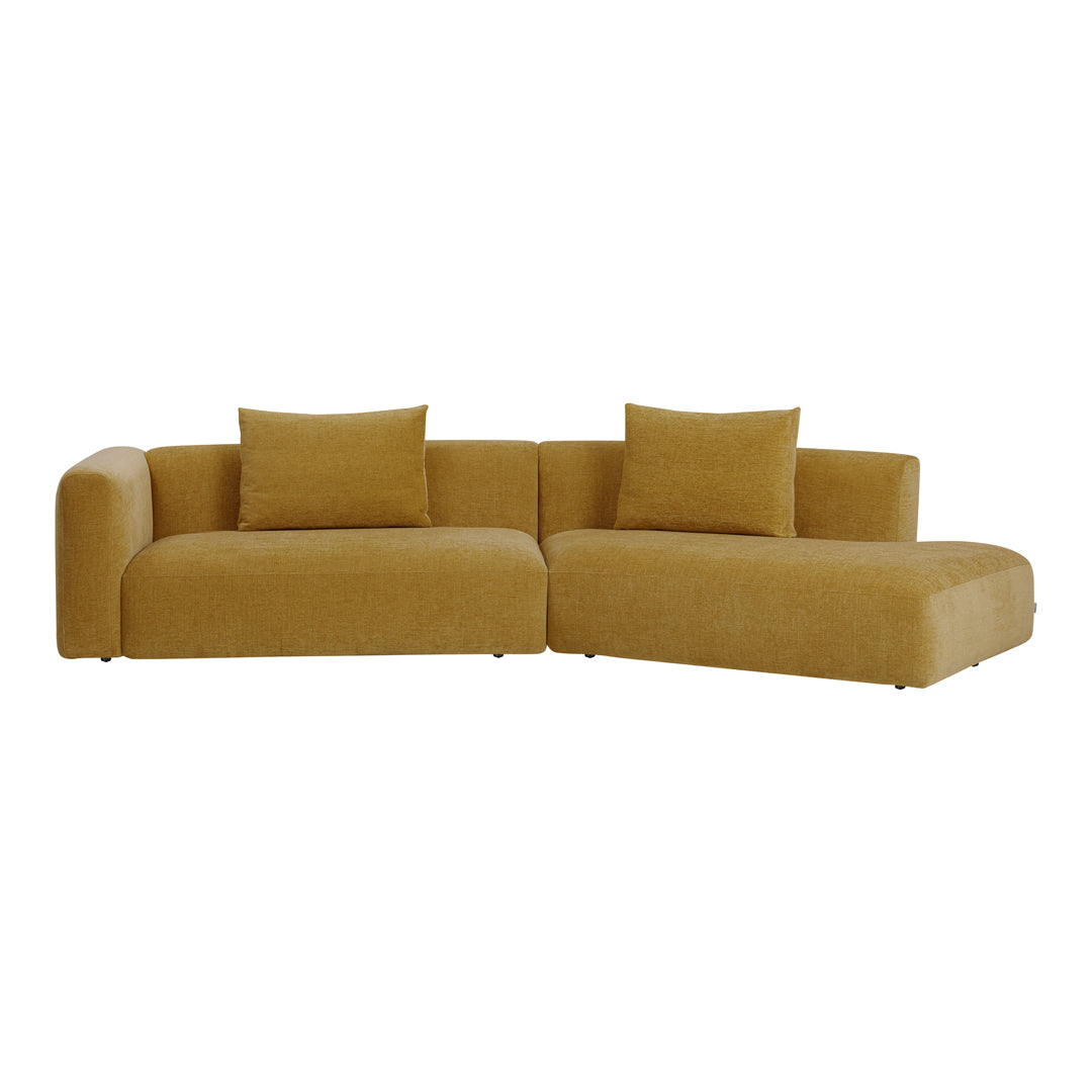 Mustard yellow sectional sofa with a smooth texture and minimalist design, featuring two matching cushions.