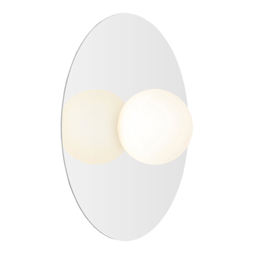 Oval mirror with two white spheres, creating a sleek, minimalist design in neutral tones. Perfect for modern decor.
