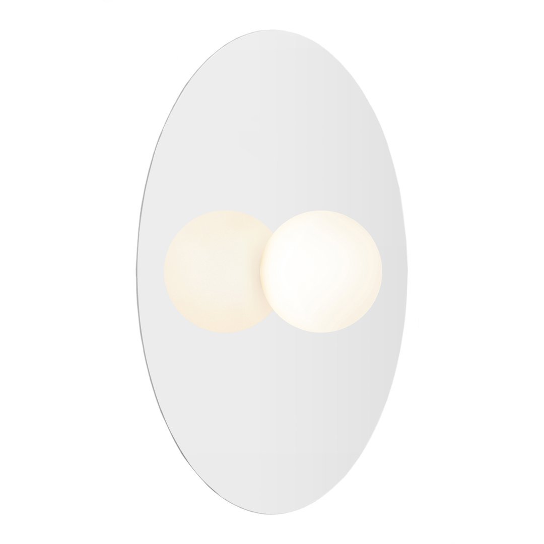 Modern oval wall lamp featuring a sleek white finish and two soft, glowing white spheres.