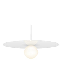 White minimalist pendant light with a round glass bulb and a flat, circular shade. Stylish and modern design.