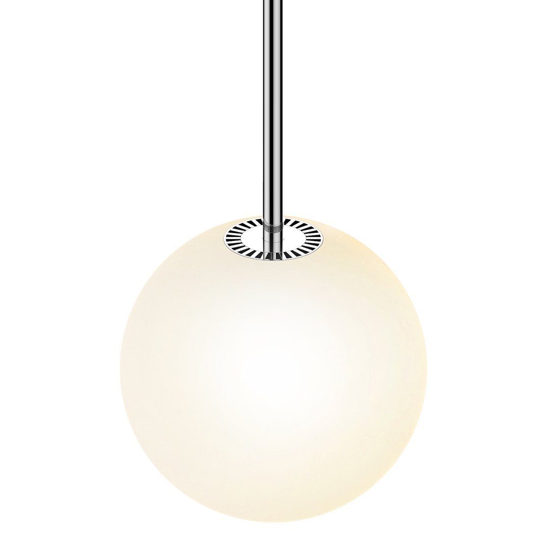White glass pendant light with a sleek silver accent and minimalist design, perfect for modern decor.
