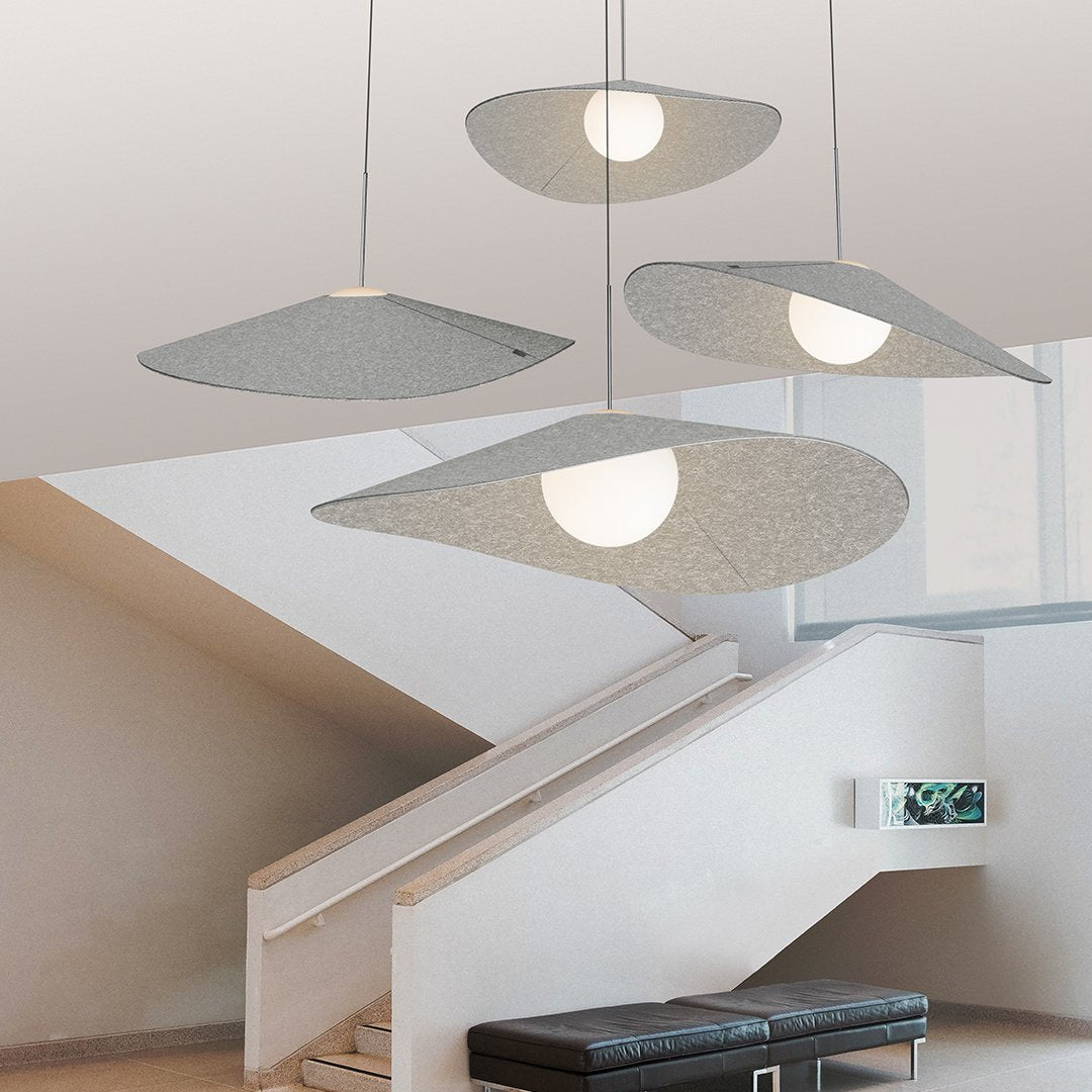 Modern light fixture with gray patterned shades and soft white globes, elegantly hanging in a bright, minimalistic space.
