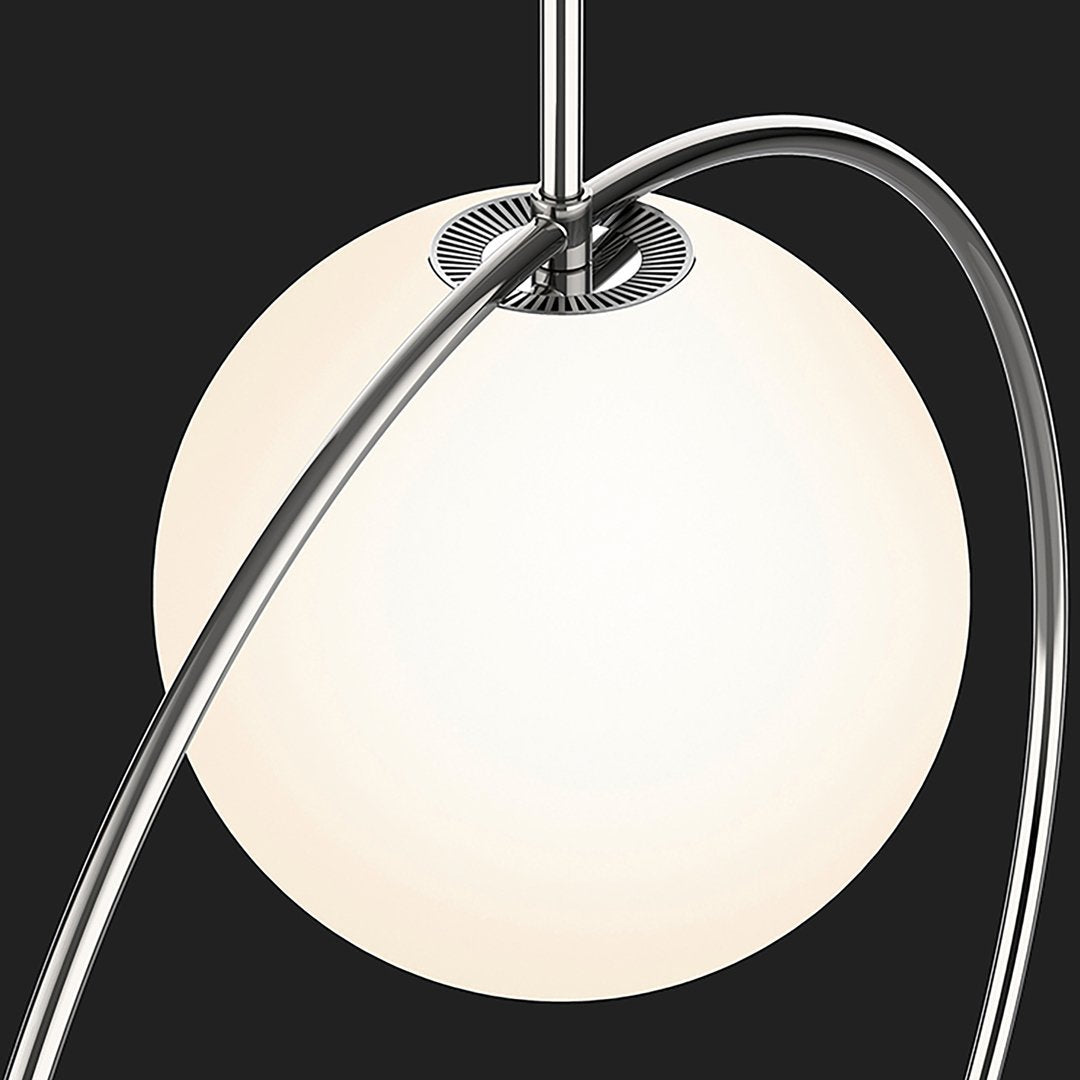 Modern pendant lamp with a glossy white orb and sleek chrome accents on a dark background.