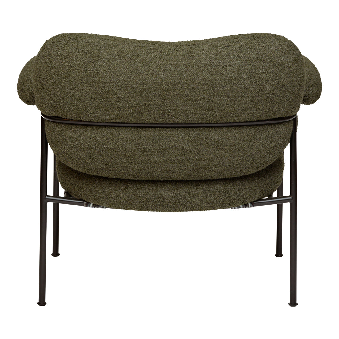 Olive green upholstered chair with rounded design and black metal frame, perfect for modern decor.