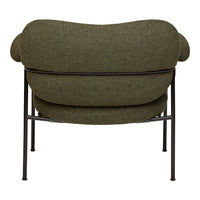 Olive green upholstered chair with rounded design and black metal frame, perfect for modern decor.