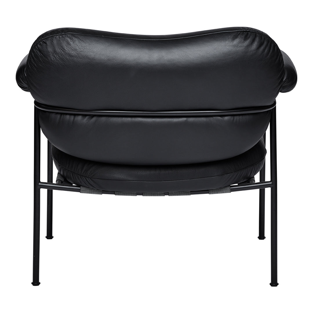 Black leather chair with a sleek curved design and minimalist black metal legs. Smooth texture enhances modern aesthetic.