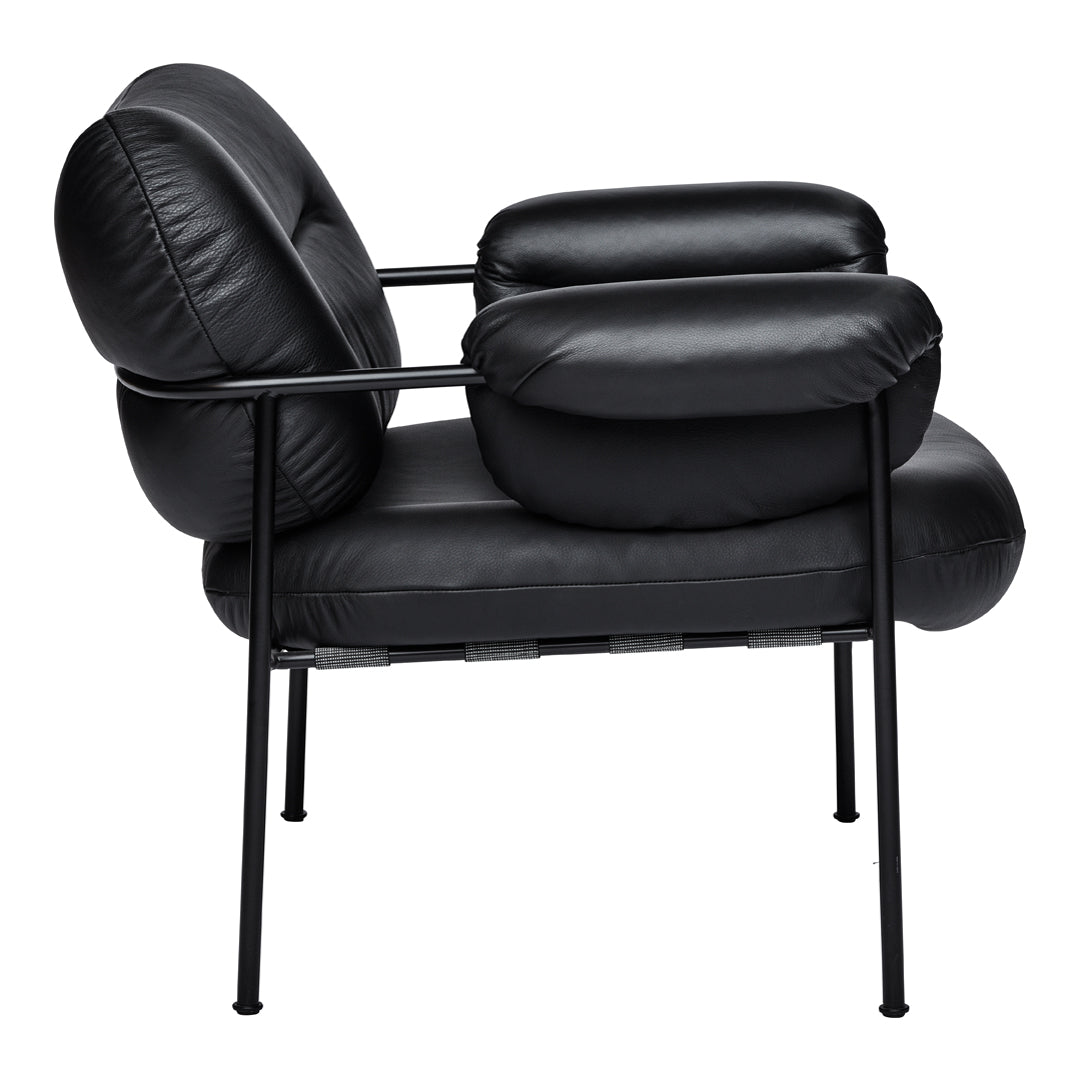 Black leather chair with a smooth, rounded design and sleek metal frame, creating a modern minimalist look.