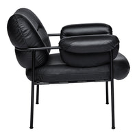 Black leather chair with a smooth, rounded design and sleek metal frame, creating a modern minimalist look.