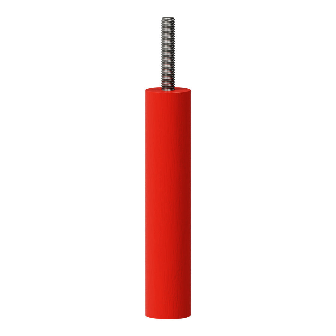 Red cylindrical rod with a metallic silver threaded end, sleek and smooth surface, minimalistic design.