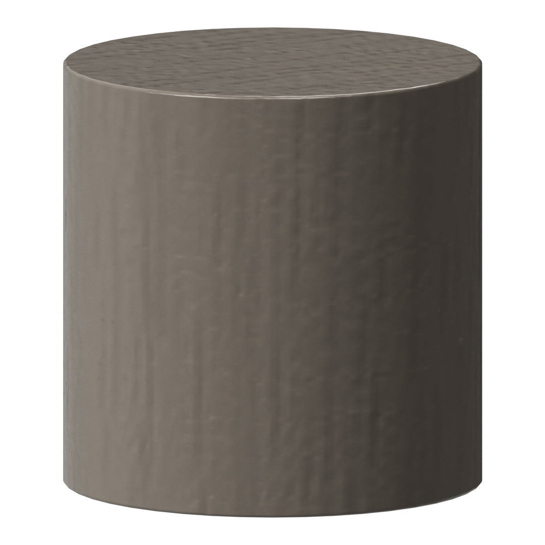 Round, textured stool in a muted gray color with a smooth top surface, perfect for modern decor.