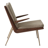 Mid-century modern lounge chair featuring a beige fabric seat and back, with walnut wood and brass accents.