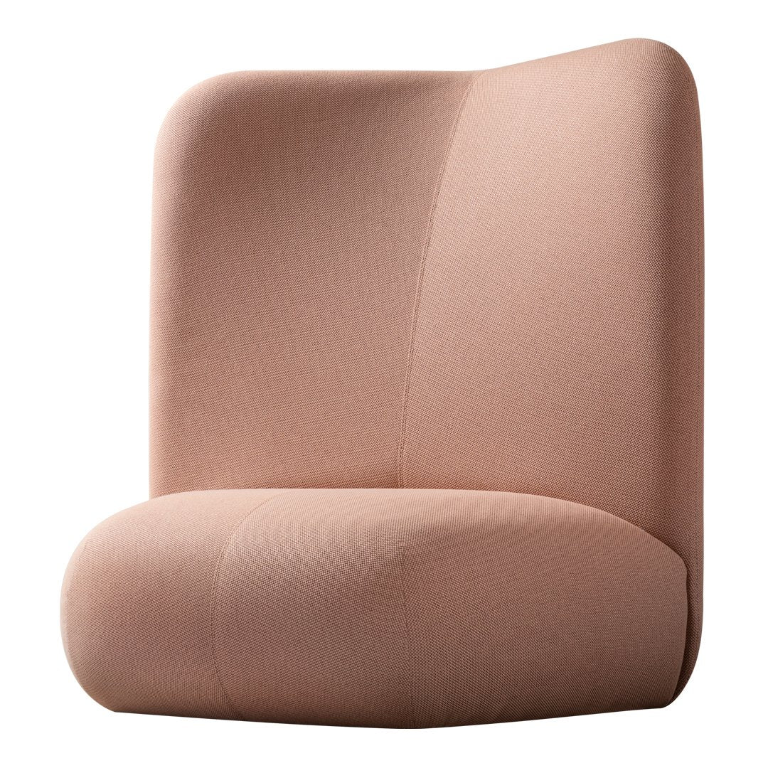 Blush pink upholstered chair with smooth, modern lines and a minimalist design. Ideal for contemporary decor.