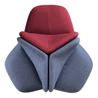 Red and gray upholstered chair featuring a unique geometric design and textured pattern.