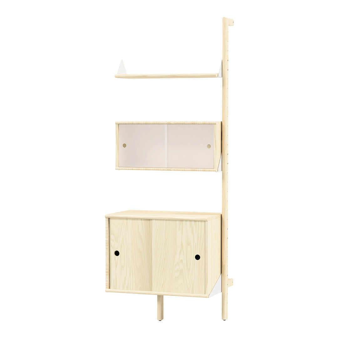 Light wood bookshelf with a natural finish, featuring clean lines and transparent accents for a modern look.