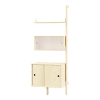 Light wood bookshelf with a natural finish, featuring clean lines and transparent accents for a modern look.