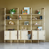 Light wood shelving unit with a smooth finish, featuring green plants and colorful decorative items against a muted brown wall.