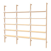 Light wood bookshelf with clean lines and contrasting white brackets, featuring a modern and minimalist design.