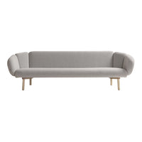 Light gray fabric sofa with a minimalist design and smooth contours, featuring natural wooden legs.