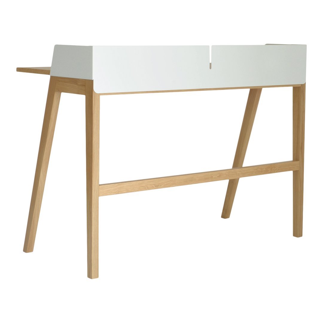 Scandinavian-style desk featuring a sleek white top and natural wood legs for a modern minimalist look.