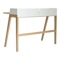 Scandinavian-style desk featuring a sleek white top and natural wood legs for a modern minimalist look.