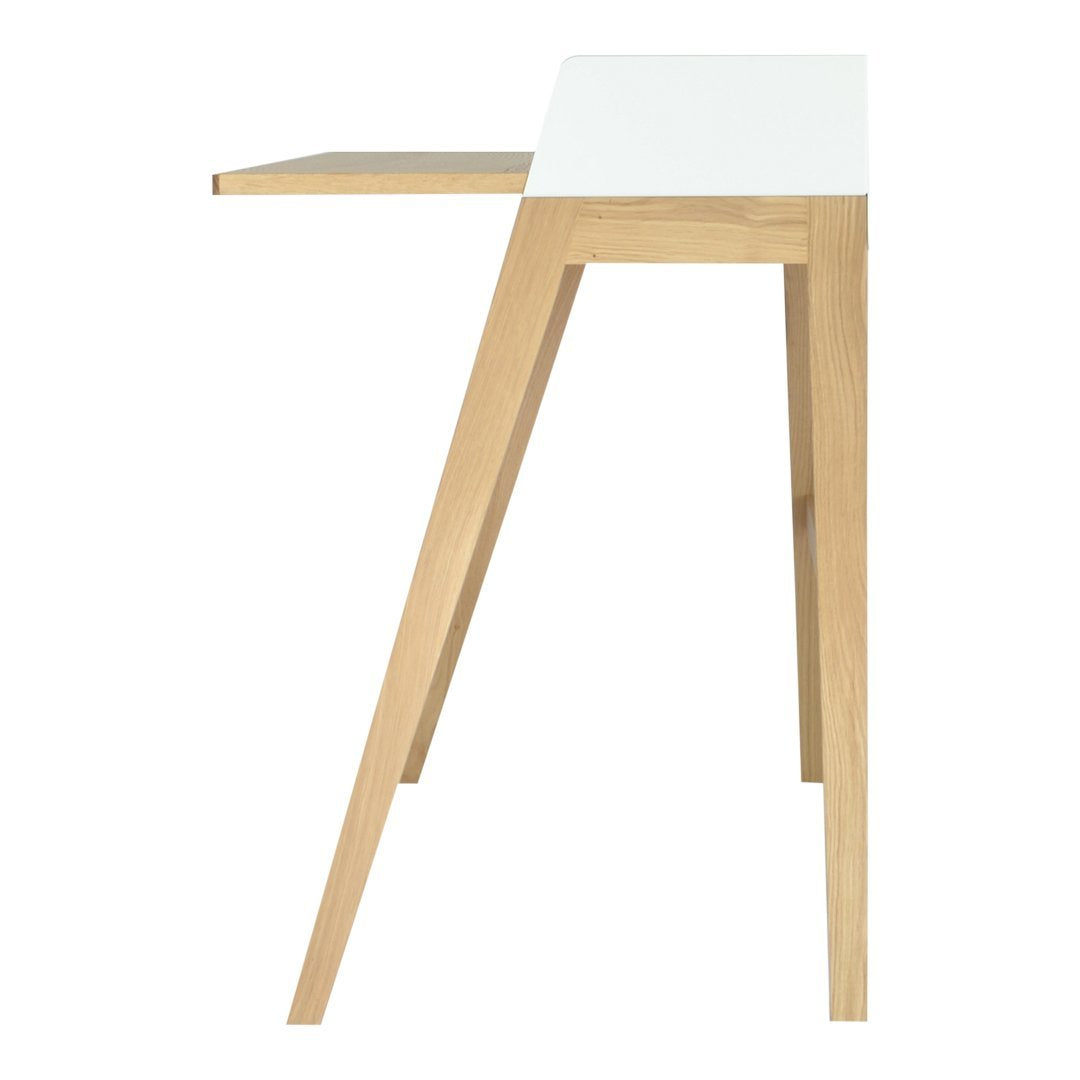 Minimalist white tabletop with natural wood legs, featuring clean lines and a modern design aesthetic.