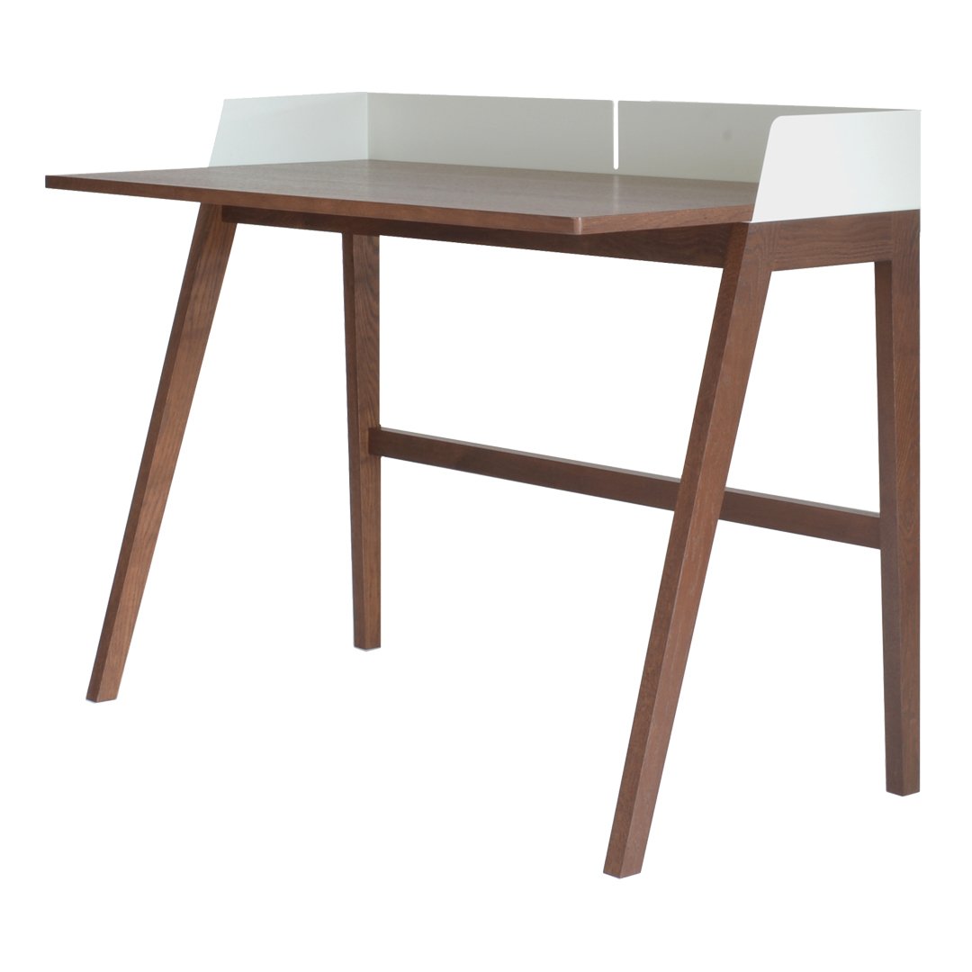 Modern wooden desk with a rich walnut finish and sleek white accents, featuring clean lines and minimalistic design.