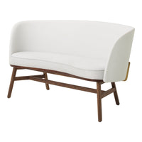White upholstered sofa with smooth curves and a walnut wood base, offering a modern and minimalistic design.