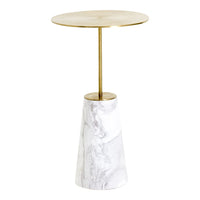 Gold round tabletop with a white and gray marbled base. Sleek, modern design for elegant decor.