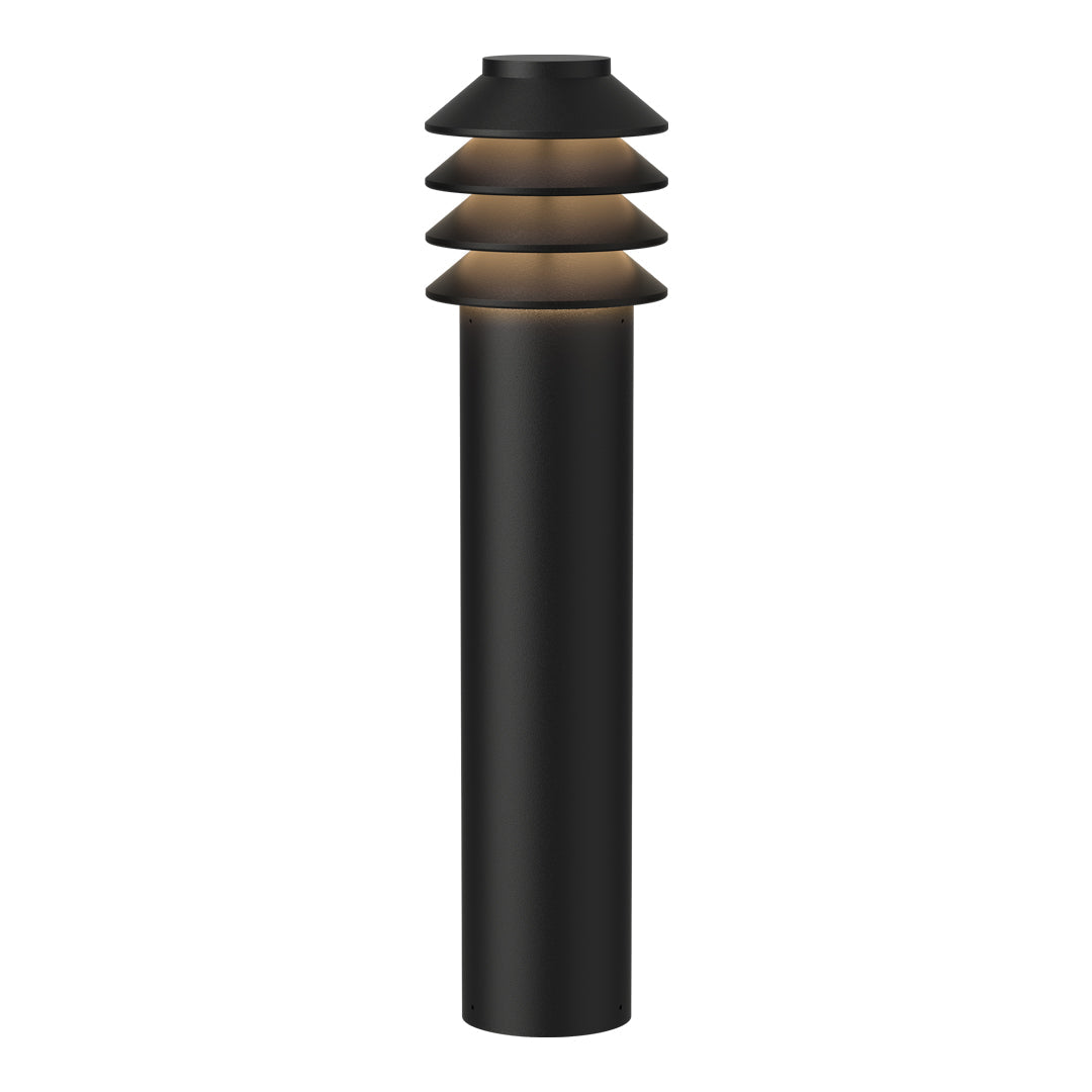 Sleek black outdoor lamp with layered horizontal accents in warm gold tones, perfect for modern aesthetics.