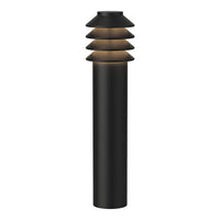 Sleek black outdoor lamp with layered horizontal accents in warm gold tones, perfect for modern aesthetics.