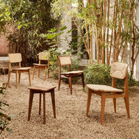"Wooden chairs in natural tones, featuring light and dark finishes, set against a lush bamboo backdrop."