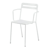 White metal chair with a minimalist design, featuring horizontal slats and a sleek, modern aesthetic.