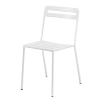 White metal chair with a minimalist design featuring slatted seat and backrest, ideal for modern decor.