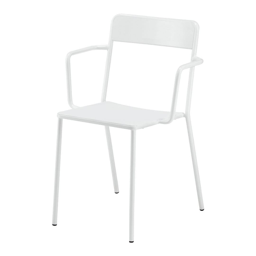 White metal chair with a minimalist design and no patterns, featuring straight lines and a sleek finish.