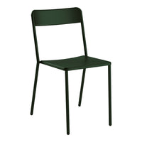 Green metal chair with a minimalist design, featuring a smooth finish and sleek lines. Ideal for modern decor.
