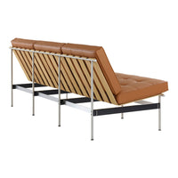 Brown leather sofa with slatted wooden backrest and sleek metallic frame accents, showcasing a modern design.
