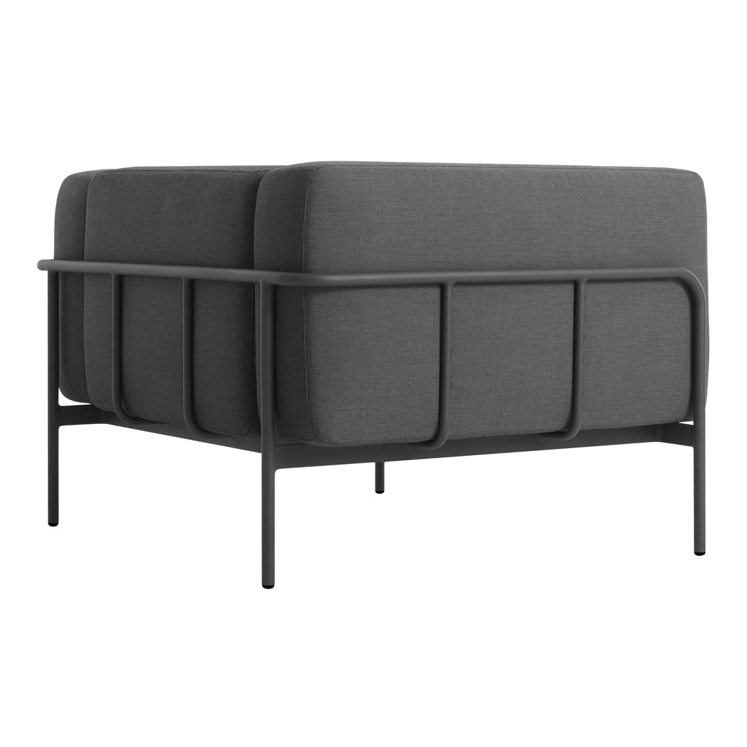 Modern gray upholstered sofa with a sleek black metal frame and minimalist design. Perfect for contemporary decor.