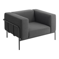 Modern gray chair with a sleek, minimalist design and textured fabric, featuring bold geometric lines.