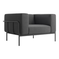 Modern gray sofa with clean lines and a sleek black metal frame, featuring a minimalist design.