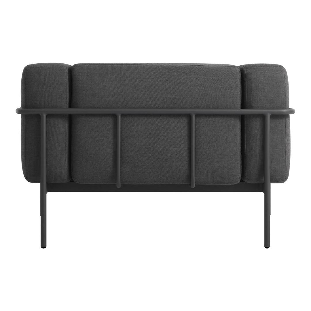 Sleek gray couch with a minimalistic design and a black metal frame, perfect for modern interiors.