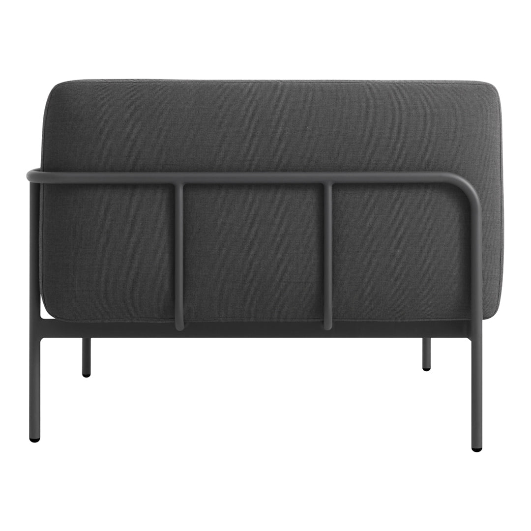 Modern gray sofa with a sleek black metal frame and a textured fabric backrest. Ideal for contemporary decor.