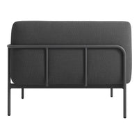 Modern gray sofa with a sleek black metal frame and a textured fabric backrest. Ideal for contemporary decor.