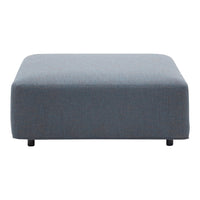 Gray upholstered ottoman with a minimalist design and a smooth, solid fabric pattern. Ideal for modern decor.